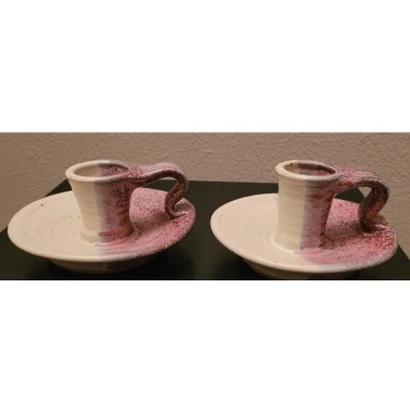 Pair Mid Century Studio Art Tapered Candle Holders Lavender White with Handles - Picture 2 of 6